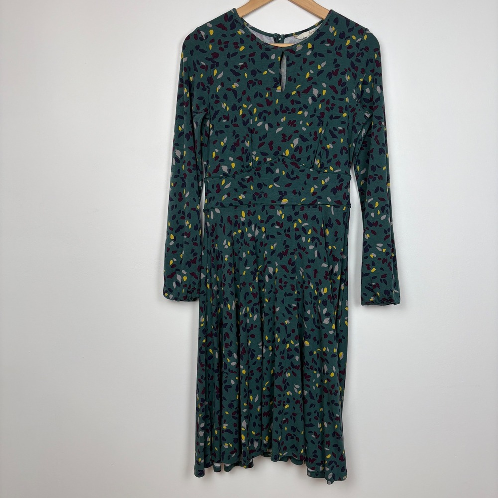 Boden Womens Jersey Midi Dress 10 Green Leaf Print Empire Waist Long Sleeve Twee